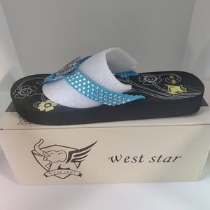 West Star Sandals With Light Blue Wing Cross Women's Size 10 New In Box